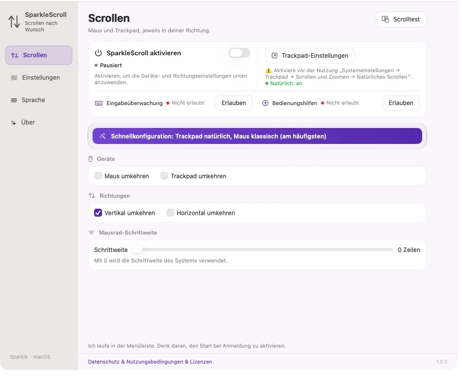 Aktuelle SparkleScroll-Einstellungen mit Geräte- und Achsenauswahl, Systemberechtigungen und Radschritt