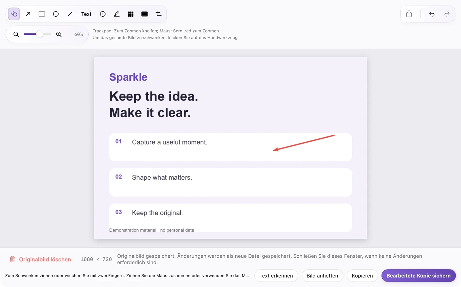 Echter SparkleShot-Editor mit Anmerkungstools, einer Bildfläche und Aktionen zum Speichern als Kopie