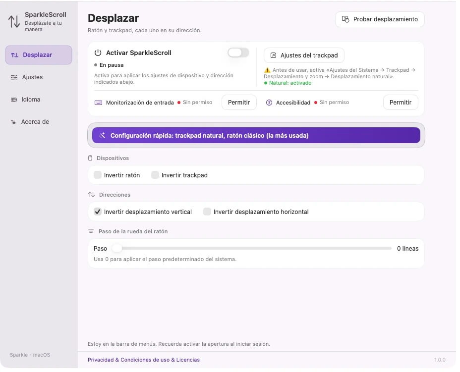 Configuración actual real de SparkleScroll que muestra las opciones de dispositivo y eje, permisos del sistema y paso de la rueda