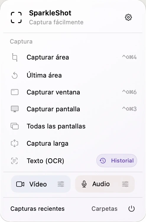 Panel de barra de menú real de SparkleShot con entradas separadas para captura de pantalla, grabación de pantalla y grabación de audio