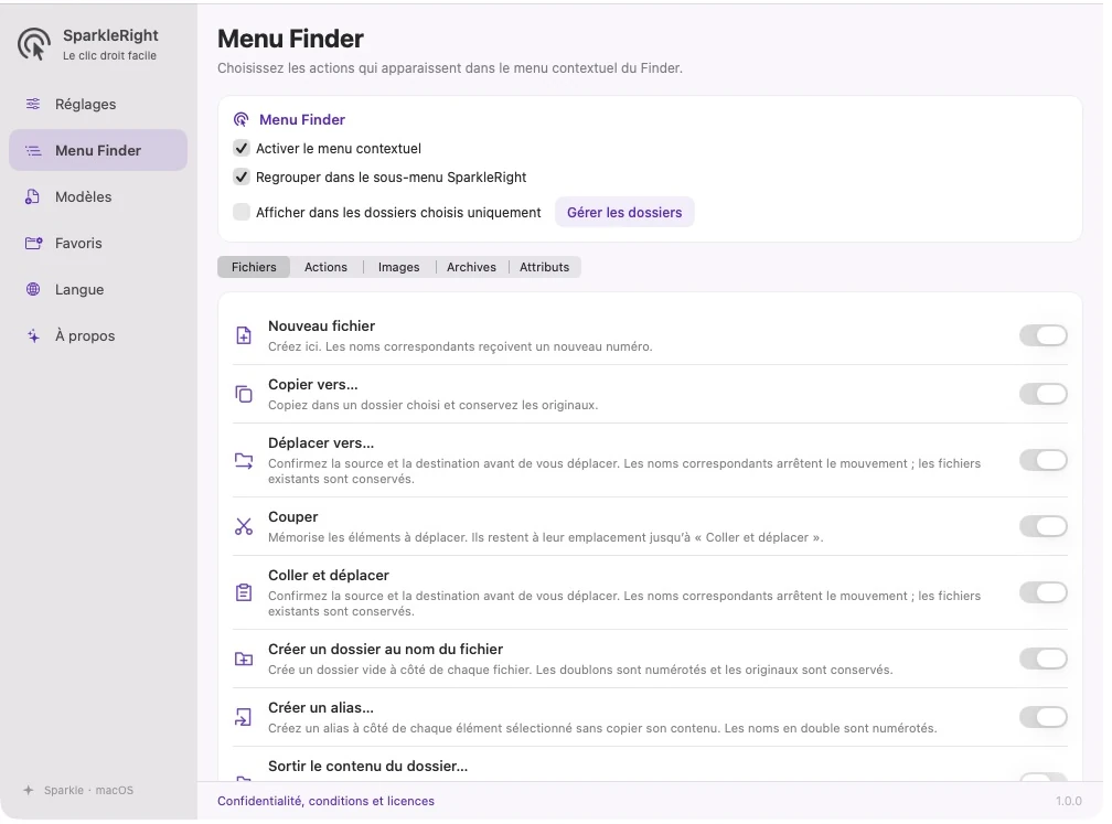 Configuration actuelle du menu contextuel SparkleRight en français affichant les groupes d'actions et les commutateurs