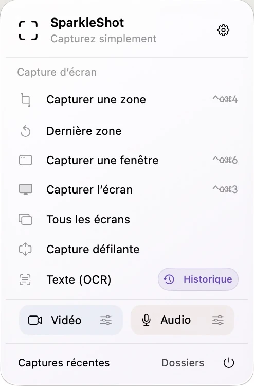 Panneau de barre de menu SparkleShot réel avec entrées séparées de capture d'écran, d'enregistrement d'écran et d'enregistrement audio