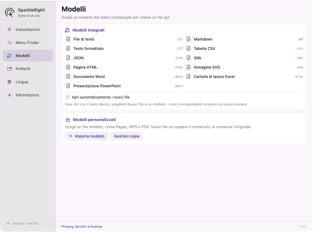 Pagina dei modelli SparkleRight effettivi con modelli di testo e Office e una voce di importazione