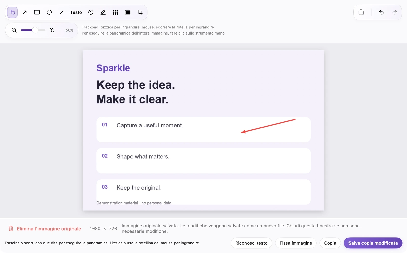Editor SparkleShot effettivo che mostra strumenti di annotazione, una tela di immagini e azioni di salvataggio come copia