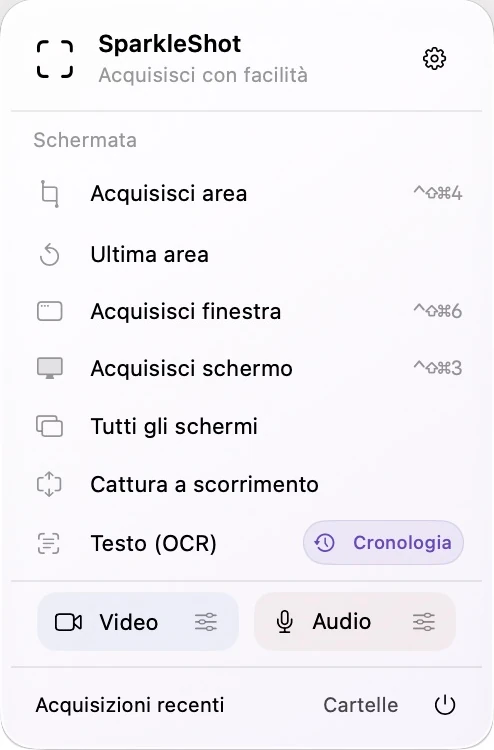 Pannello della barra dei menu SparkleShot effettivo con schermate separate, registrazione dello schermo e voci di registrazione audio