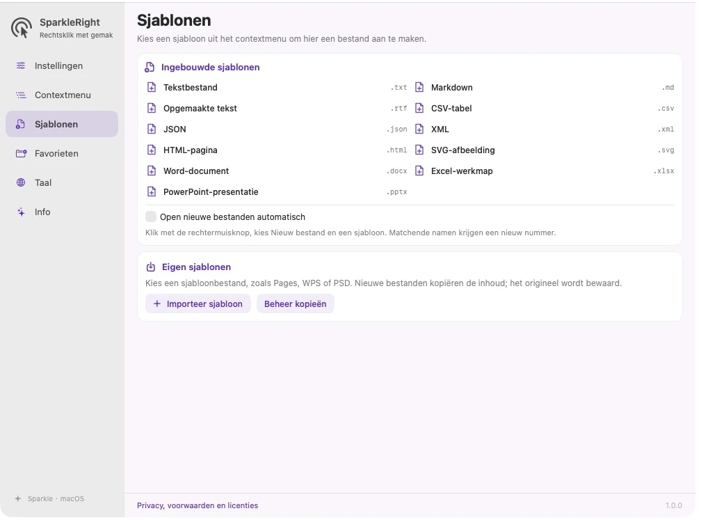 Actuele SparkleRight-sjablonenpagina met tekst- en Office-sjablonen en een importitem