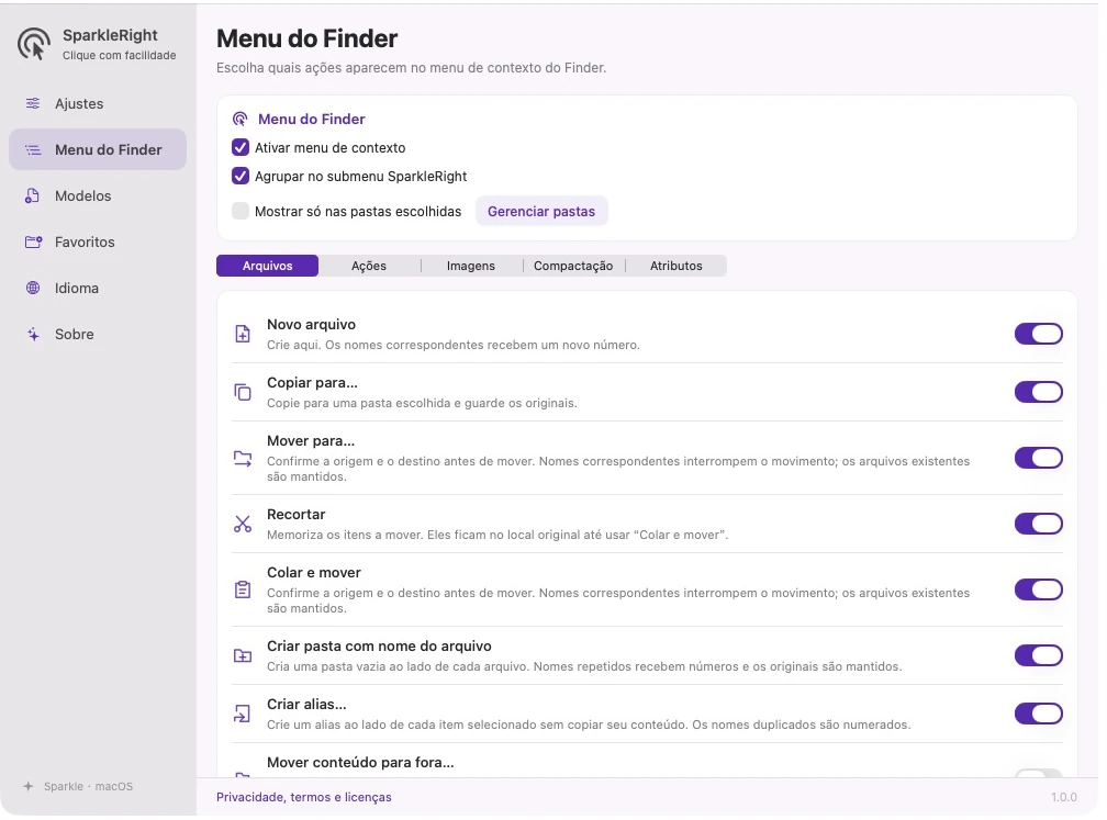 Configuração real do menu de contexto SparkleRight em português brasileiro mostrando grupos de ação e opções