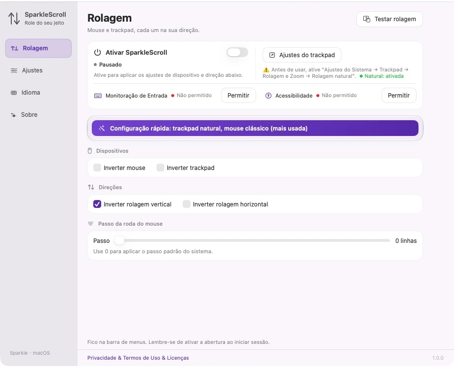Configurações atuais reais do SparkleScroll mostrando opções de dispositivo e eixo, permissões do sistema e passo da roda