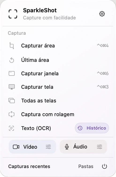 Painel real da barra de menu do SparkleShot com entradas separadas de captura de tela, gravação de tela e gravação de áudio